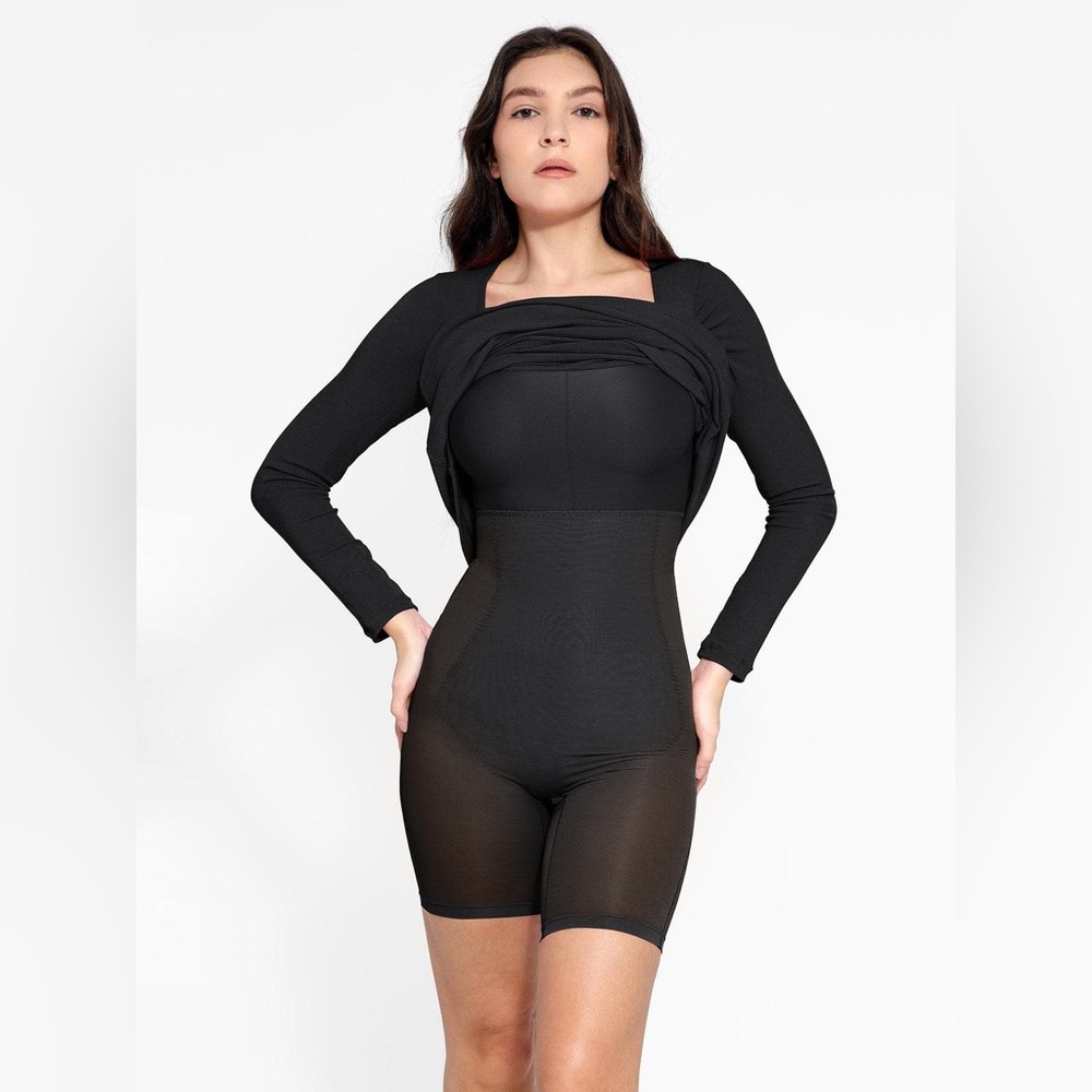 Black Square Neck Long Sleeve Bodycon Dress - Picture 4 of 4